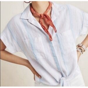 Anthropologie Cloth And Stone Liya Stripe Linen Blend Pastel Button Up Tie Waist